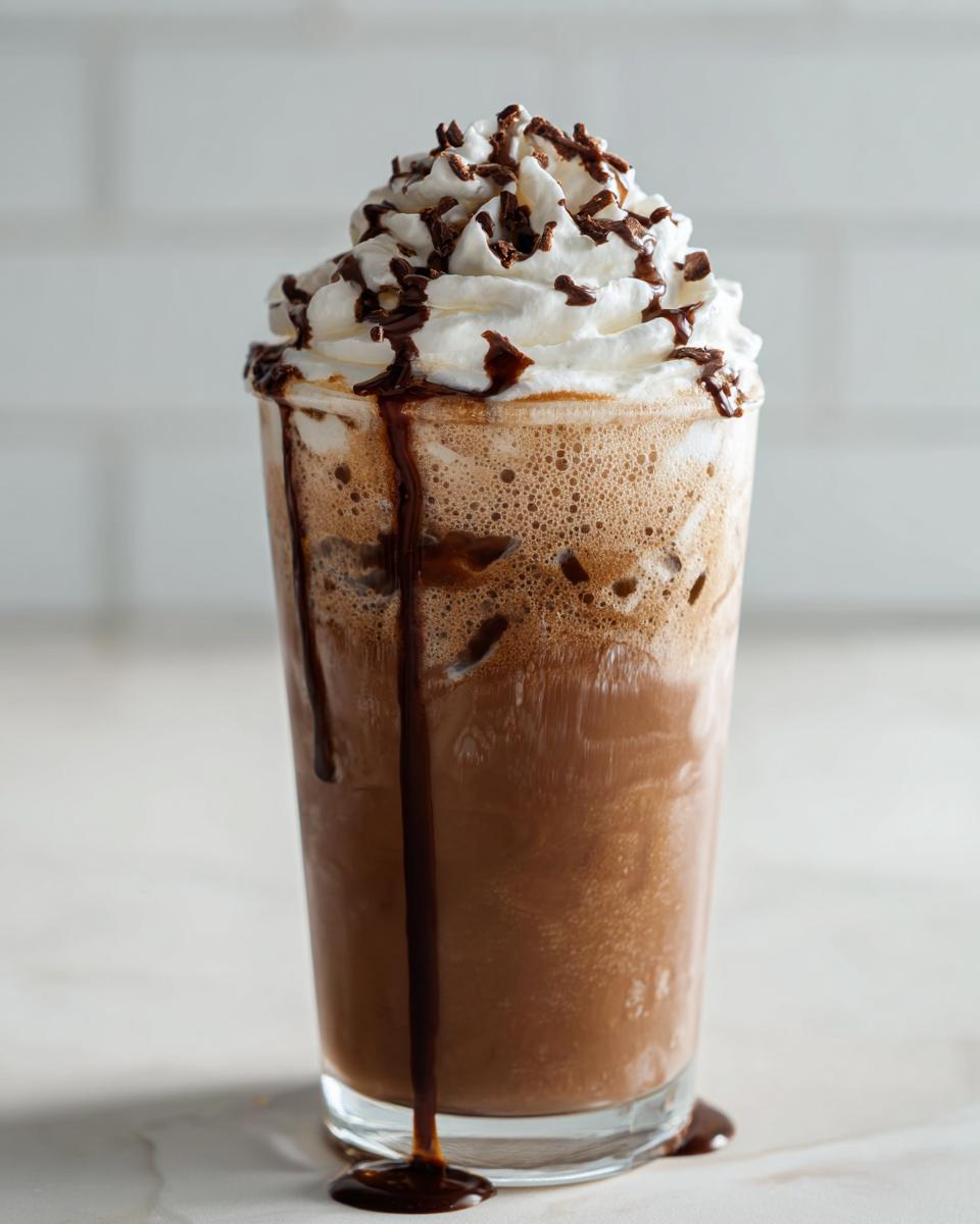 Een hoog glas met een romige Chocolate And Vanilla Eiskaffee, getopt met slagroom en chocoladesaus.