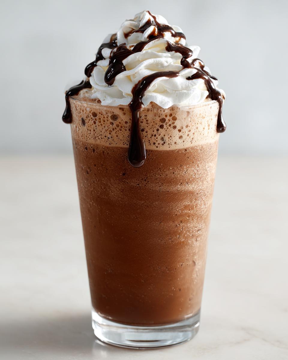 Een hoog glas met een koude, schuimige Chocolate En Vanille Eiskaffee, getopt met slagroom en chocoladesiroop.