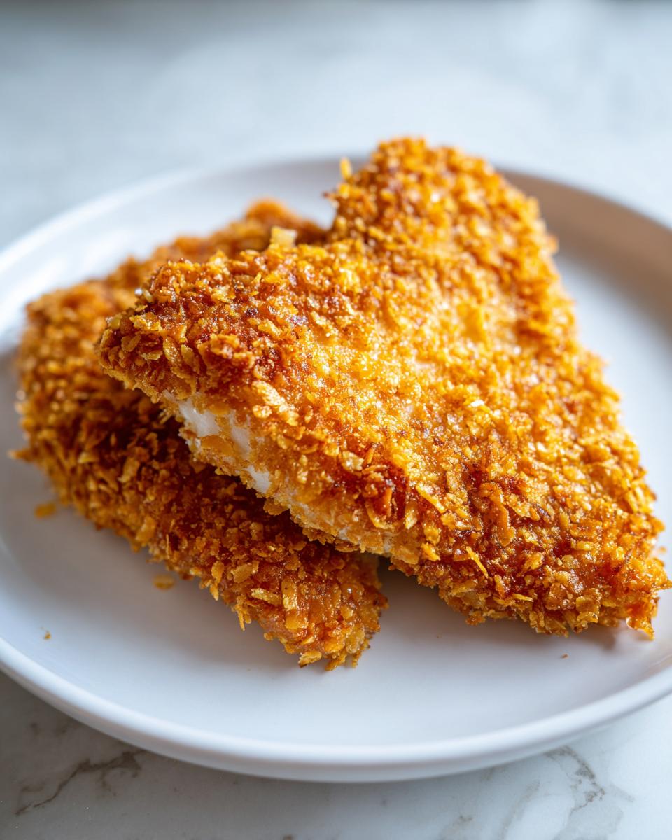 Twee stukken krokante Cornflake Chicken met een goudbruine, knapperige korst, geserveerd op een wit bord.