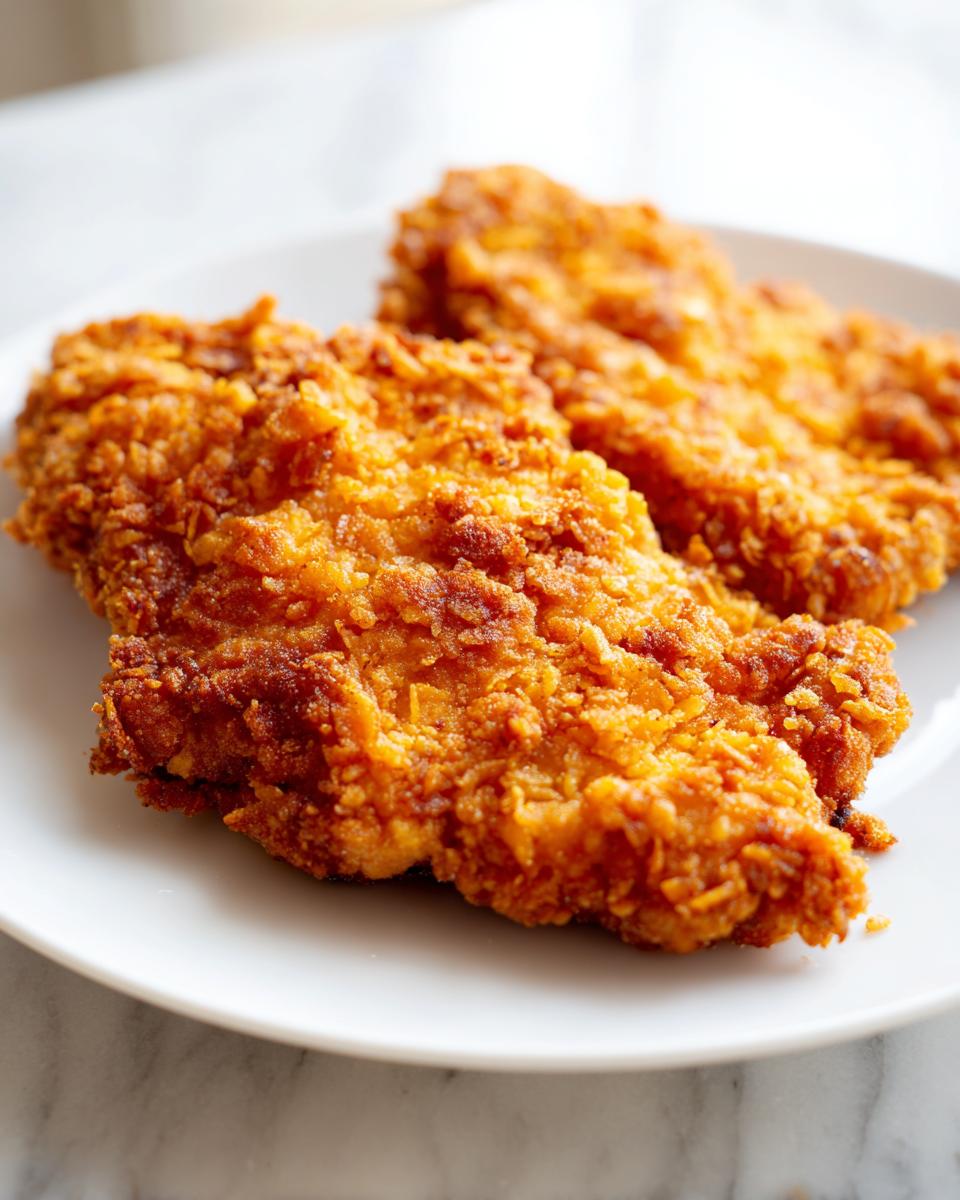 Twee stukken goudbruine, krokante Cornflake Chicken liggen op een wit bord.