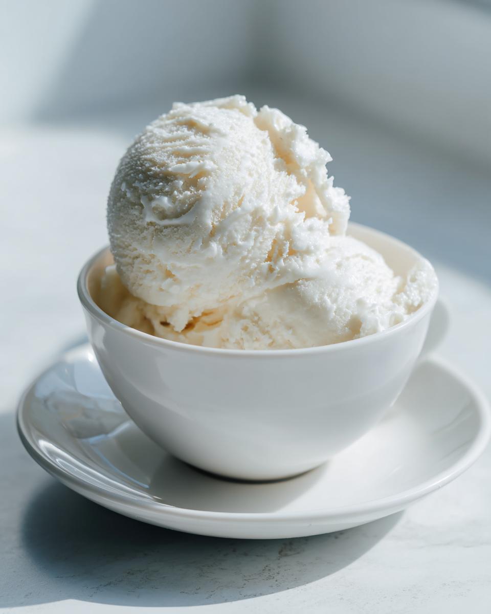 Twee bollen romig Cottage Cheese Ice Cream geserveerd in een kleine witte kop met schoteltje.