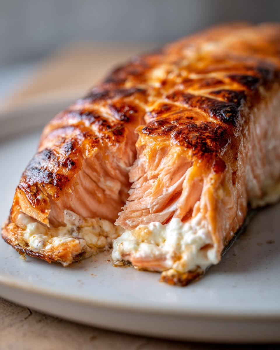 Gekookte zalmfilet opengesneden om de romige vulling van de Creamy Cajun Stuffed Salmon te tonen.