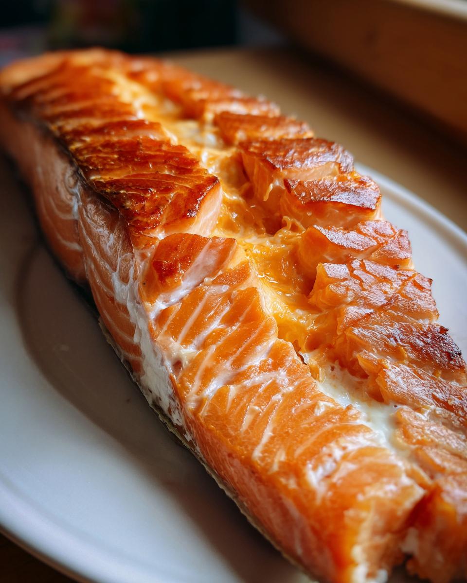 Close-up van een prachtig gebakken stuk zalm, gevuld met een romige Cajun-vulling.