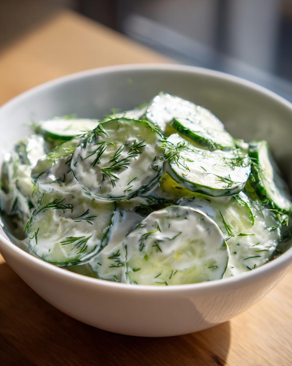 Dichtbij foto van romige komkommer salade met verse dille in een witte kom.