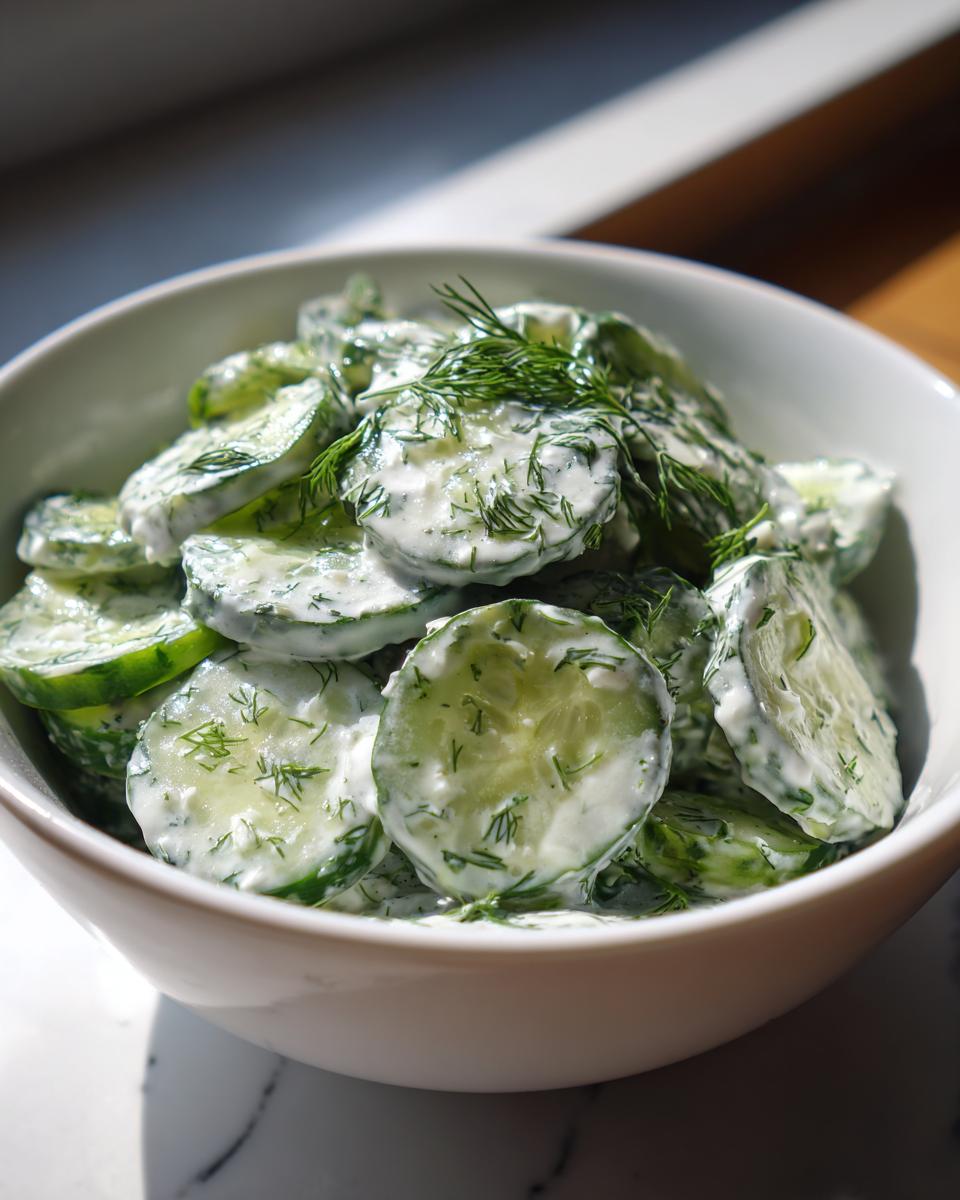 Dichte close-up van gesneden komkommer met een romige witte dressing en dille, de Creamy Cucumber Salad.