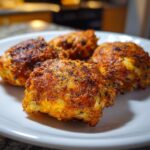 Vier stukken goudbruine, gekruide Crispy Air Fryer Chicken liggen op een wit bord.