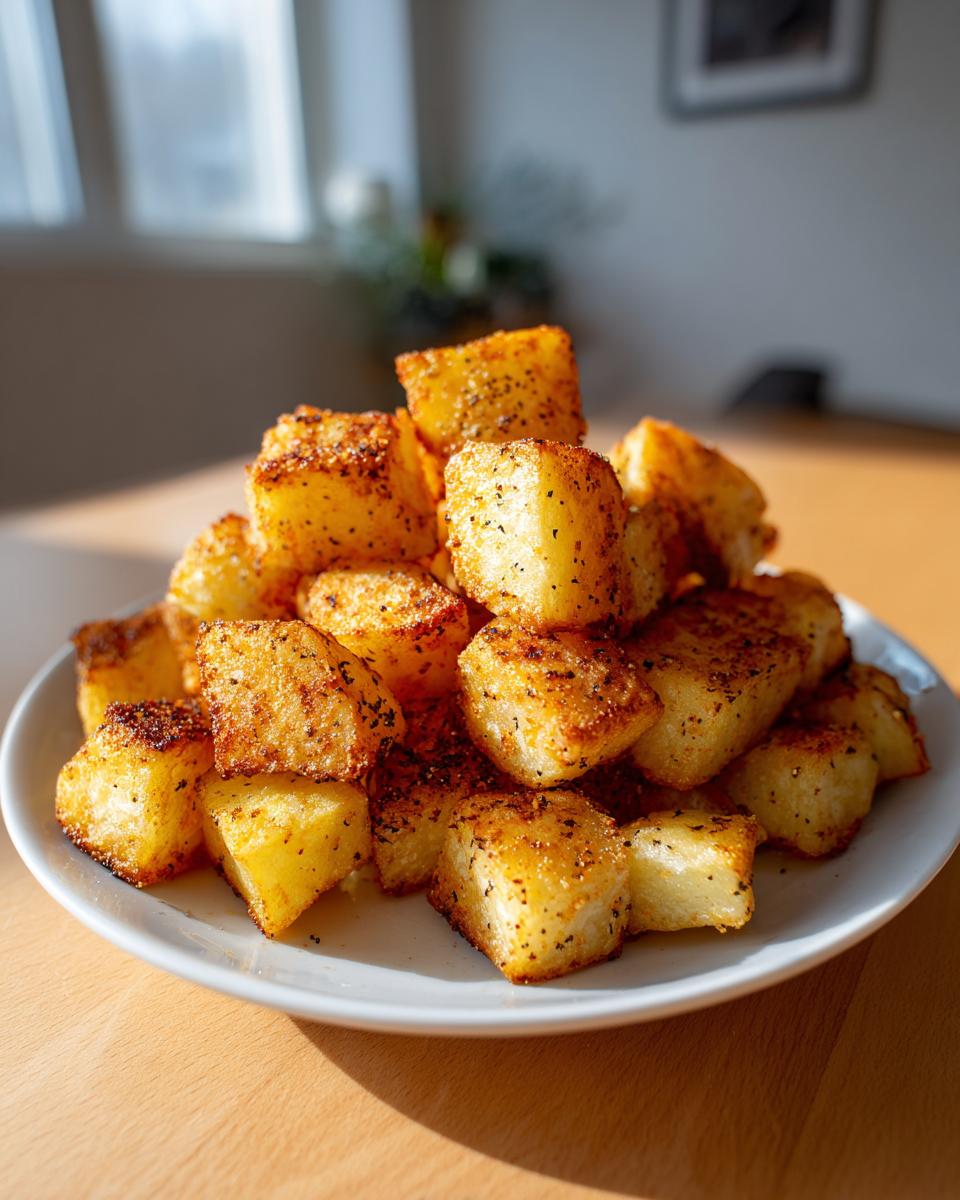 Een berg goudbruine, gekruide Crispy Air Fryer Potatoes op een wit bord, klaar om geserveerd te worden.