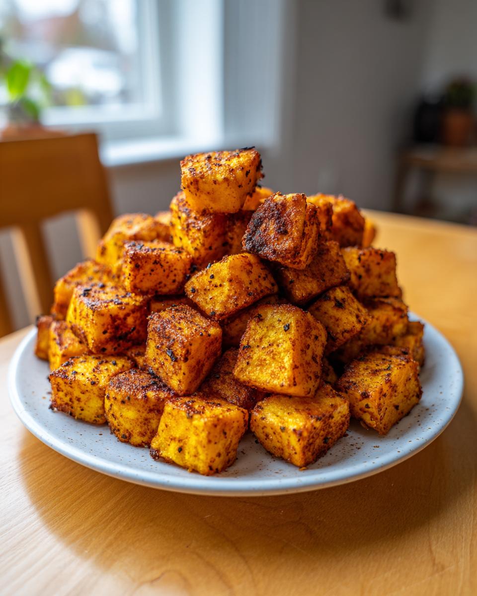 Een grote stapel goudbruine, gekruide Crispy Air Fryer Potatoes op een wit bord.