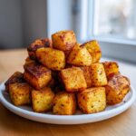 Een berg goudbruine, blokvormige Crispy Air Fryer Potatoes op een wit bord.