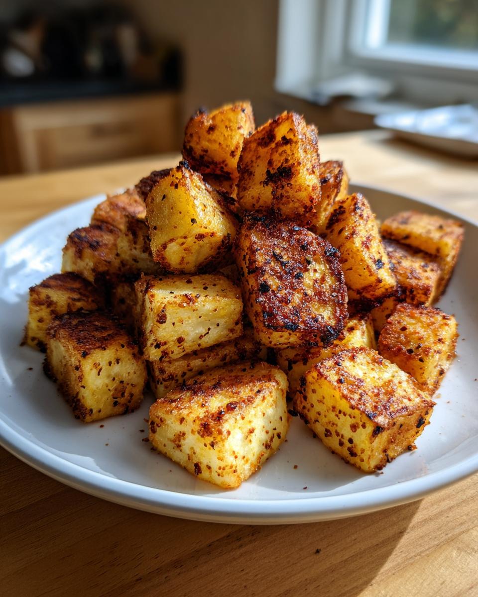 Een stapel goudbruine, knapperige Crispy Air Fryer Potatoes op een wit bord, mooi verlicht door zonlicht.