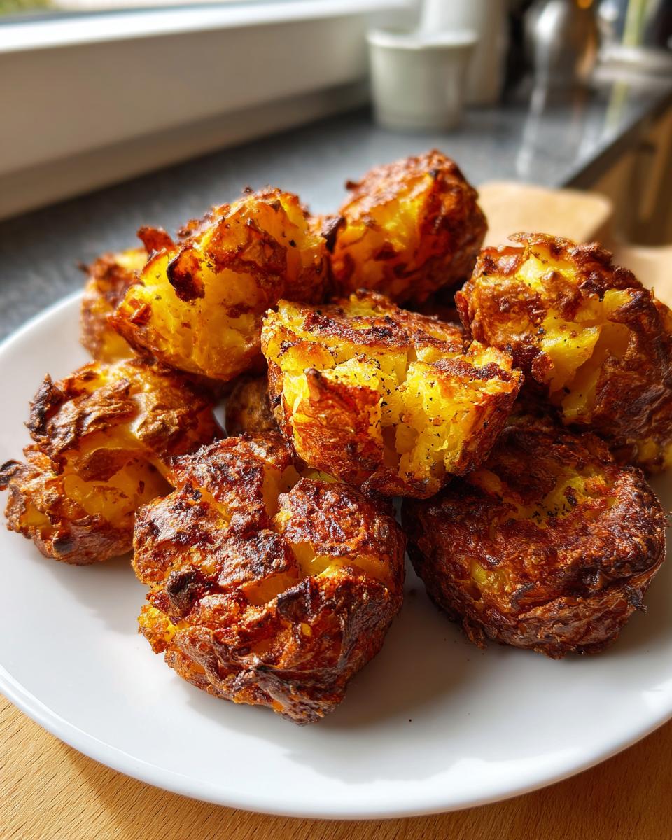 Een stapel goudbruine, knapperige Crispy Airfryer Smashed Potatoes op een wit bord.