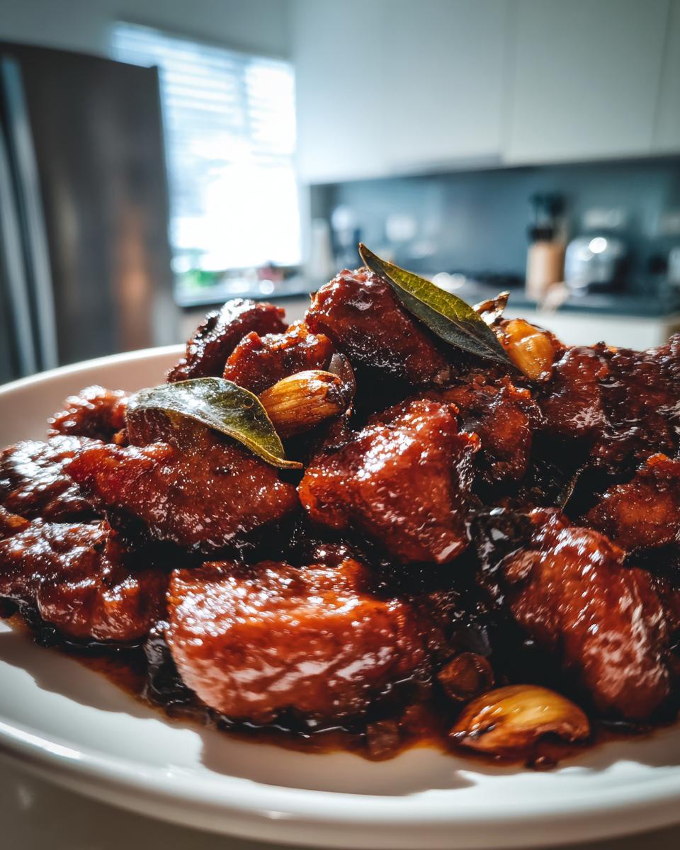 Close-up van stukjes glanzend, donkerbruin Easy Chicken Adobo met laurierblaadjes en knoflook.