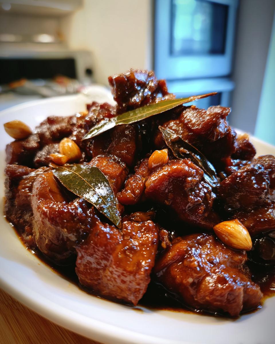 Close-up van malse stukken Easy Chicken Adobo in een donkere, glanzende saus, gegarneerd met knoflook en laurierblaadjes.