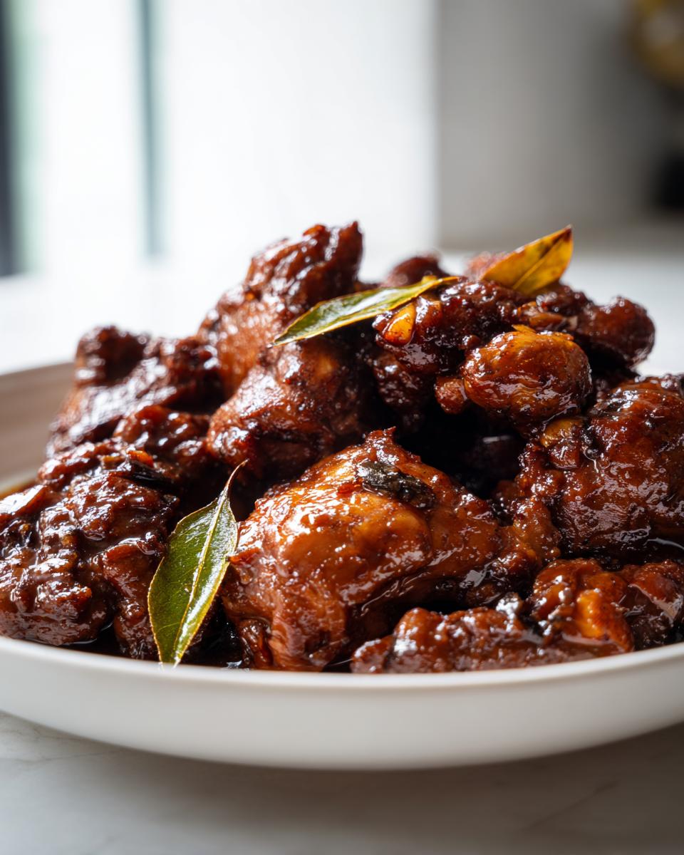 Close-up van een kom met glanzende, donkerbruine Easy Chicken Adobo, gegarneerd met laurierblaadjes.