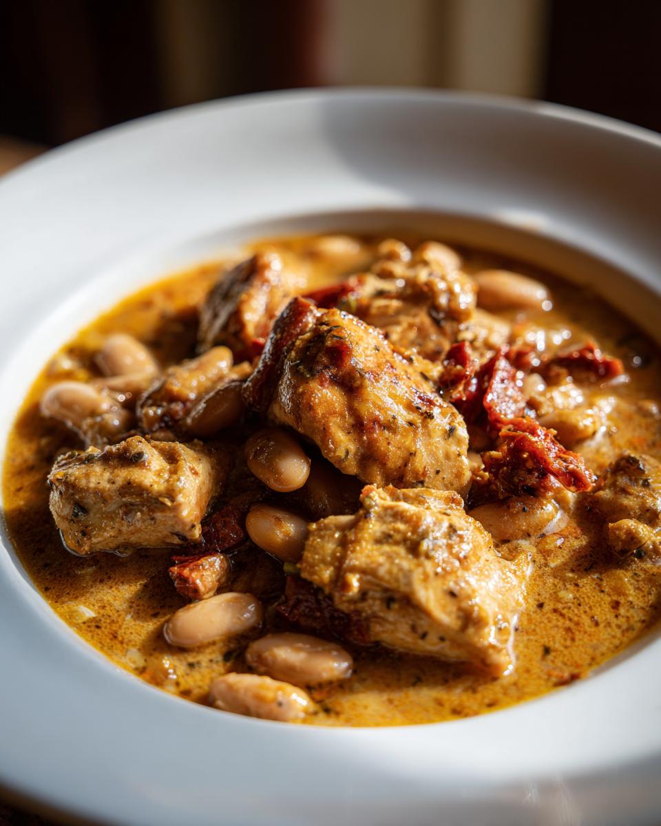 Close-up van stukjes kip en witte bonen in een romige saus van Easy Chicken Cassoulet in een witte kom.