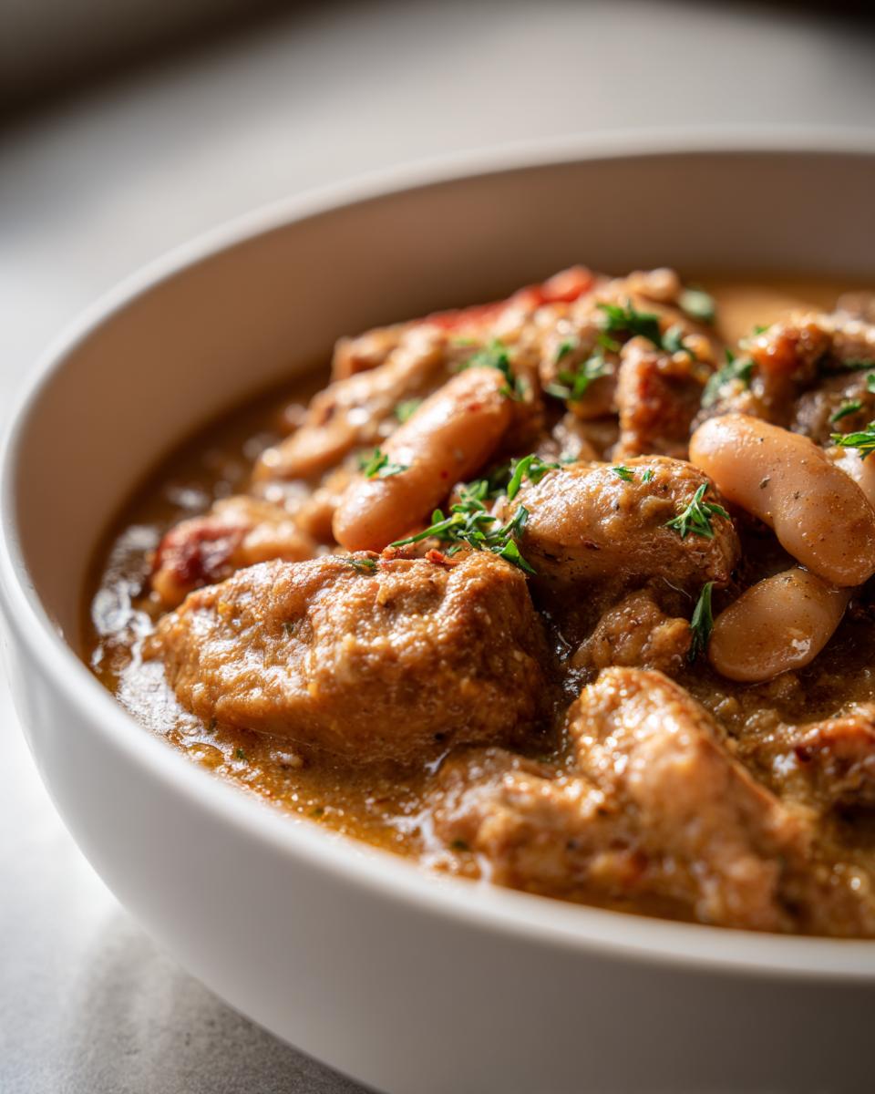 Close-up van stukjes kip en witte bonen in een rijke saus van de Easy Chicken Cassoulet, gegarneerd met verse kruiden.
