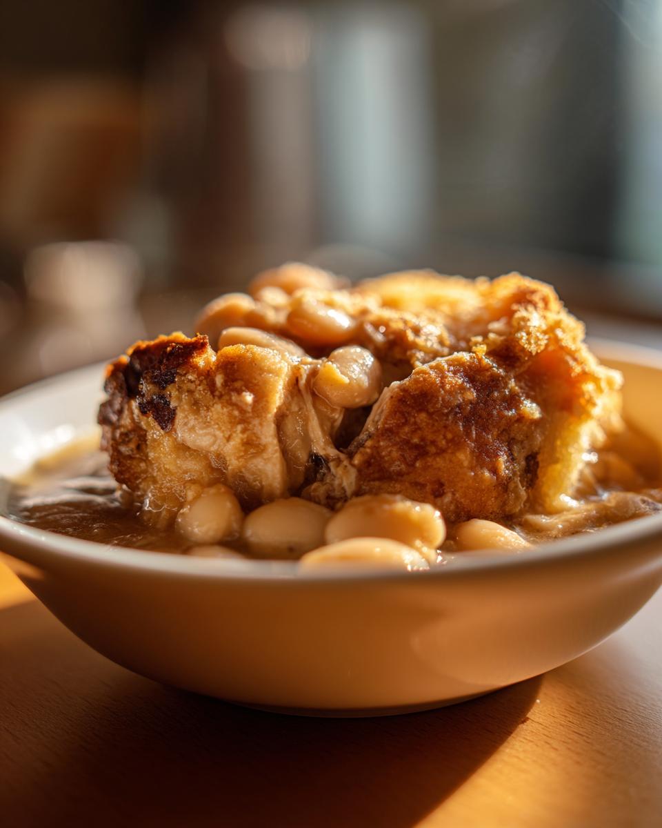 Close-up van een portie Easy Chicken Cassoulet met grote witte bonen in een kom.