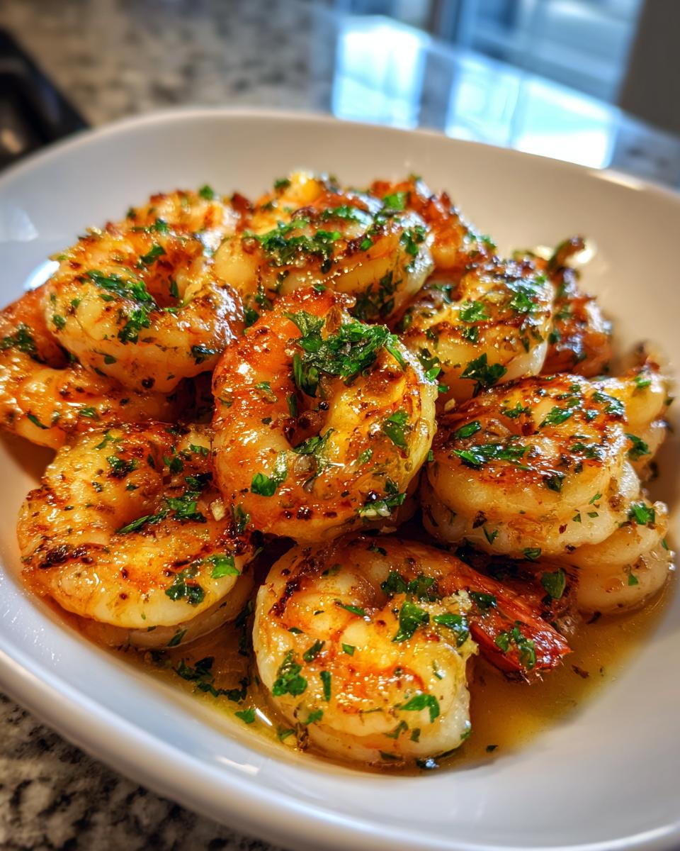 Close-up van sappige, gebakken garnalen in knoflookboter, gegarneerd met verse peterselie, perfect voor Easy Garlic Shrimp.