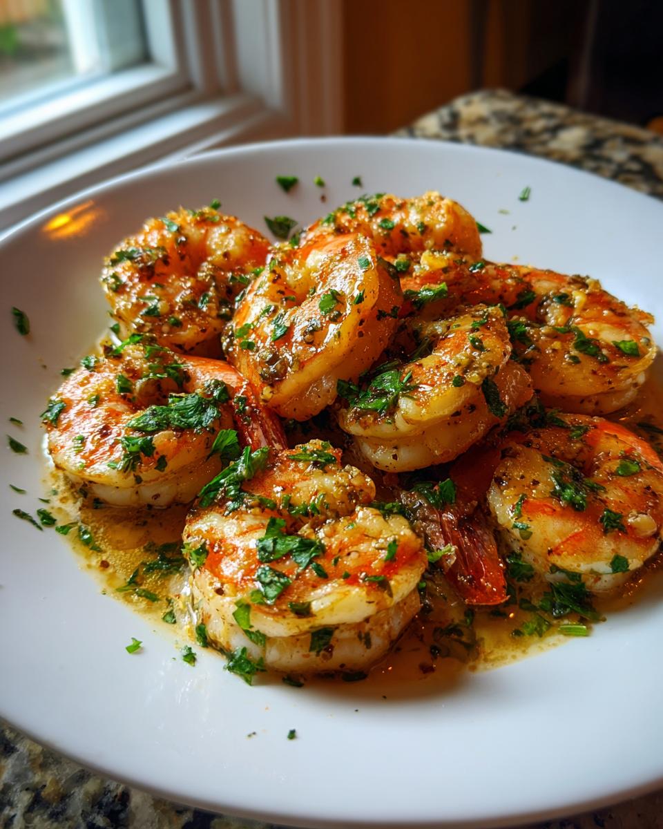 Close-up van sappige garnalen in een knoflook-botersaus, gegarneerd met verse peterselie, een voorbeeld van Easy Garlic Shrimp.
