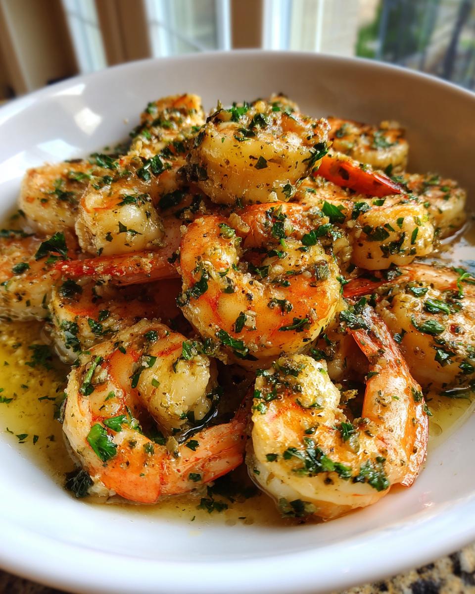 Close-up van sappige Easy Garlic Shrimp in een witte kom, bedekt met knoflook en peterselie.