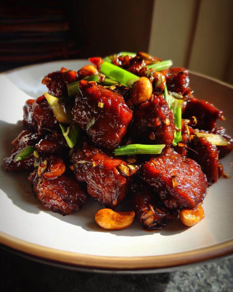 Close-up van portie Easy Kung Pao Chicken met glanzende donkere saus, pinda's en lente-ui.