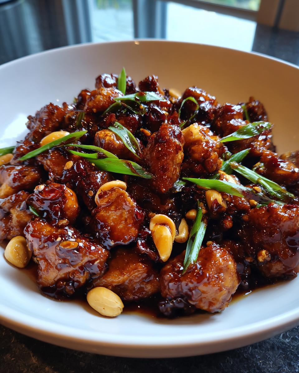 Close-up van een kom met glanzende Easy Kung Pao Chicken, gegarneerd met pinda's en lente-ui.