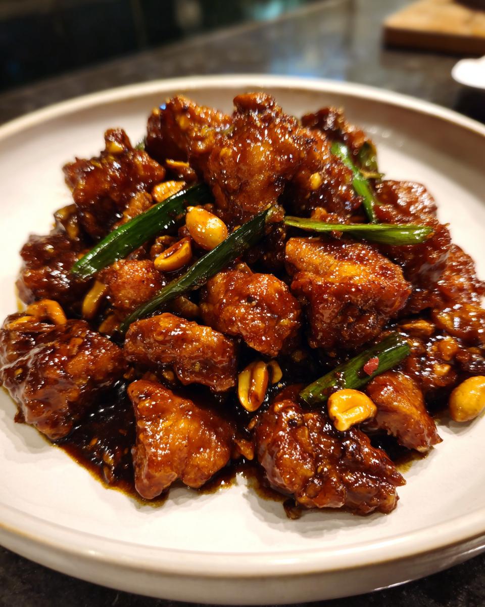 Een close-up van een bord met glanzende, gekarameliseerde stukjes Easy Kung Pao Chicken met pinda's en lente-ui.