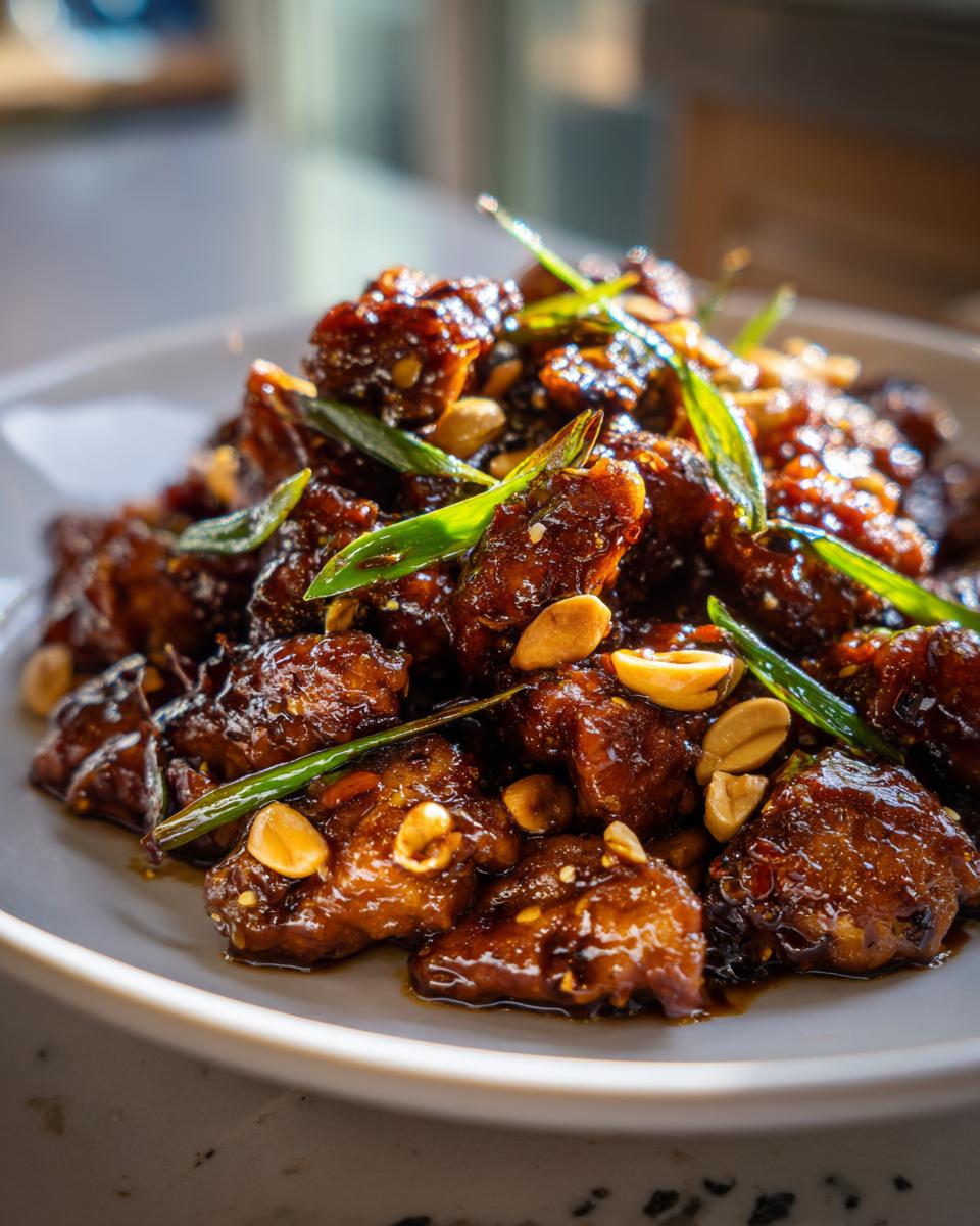 Gedetailleerde close-up van Easy Kung Pao Chicken met een glanzende donkere saus, pinda's en lente-ui.