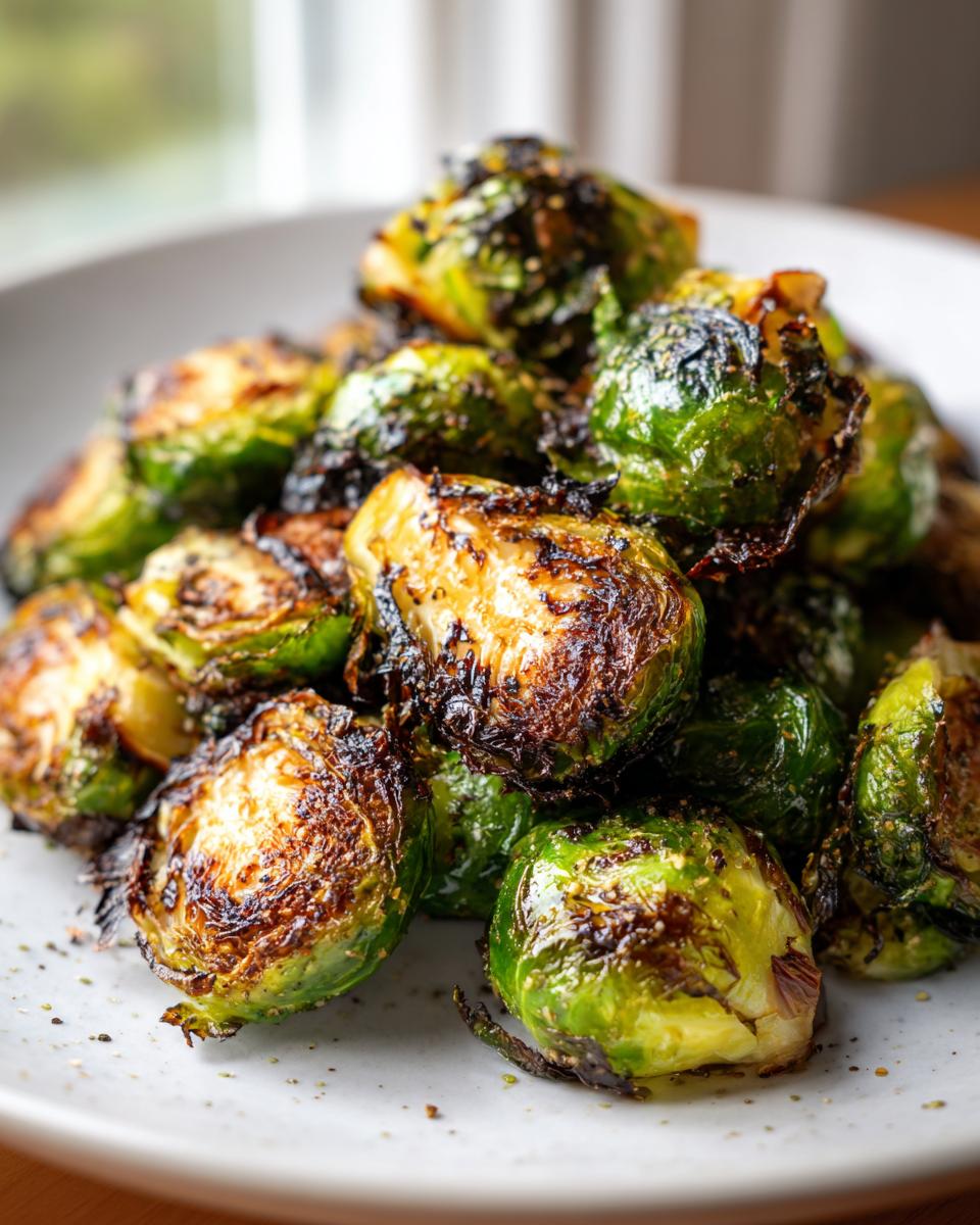 Close-up van knapperig gebakken en gekarameliseerde Easy Smashed Brussel Sprouts op een wit bord.