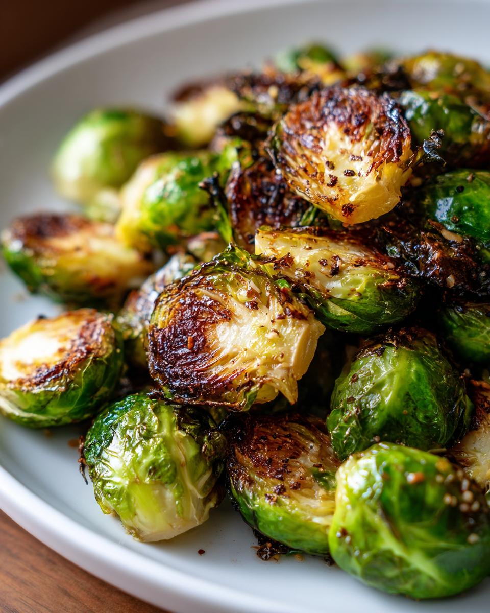 Close-up van perfect geroosterde Easy Smashed Brussel Sprouts met gekarameliseerde randen op een wit bord.