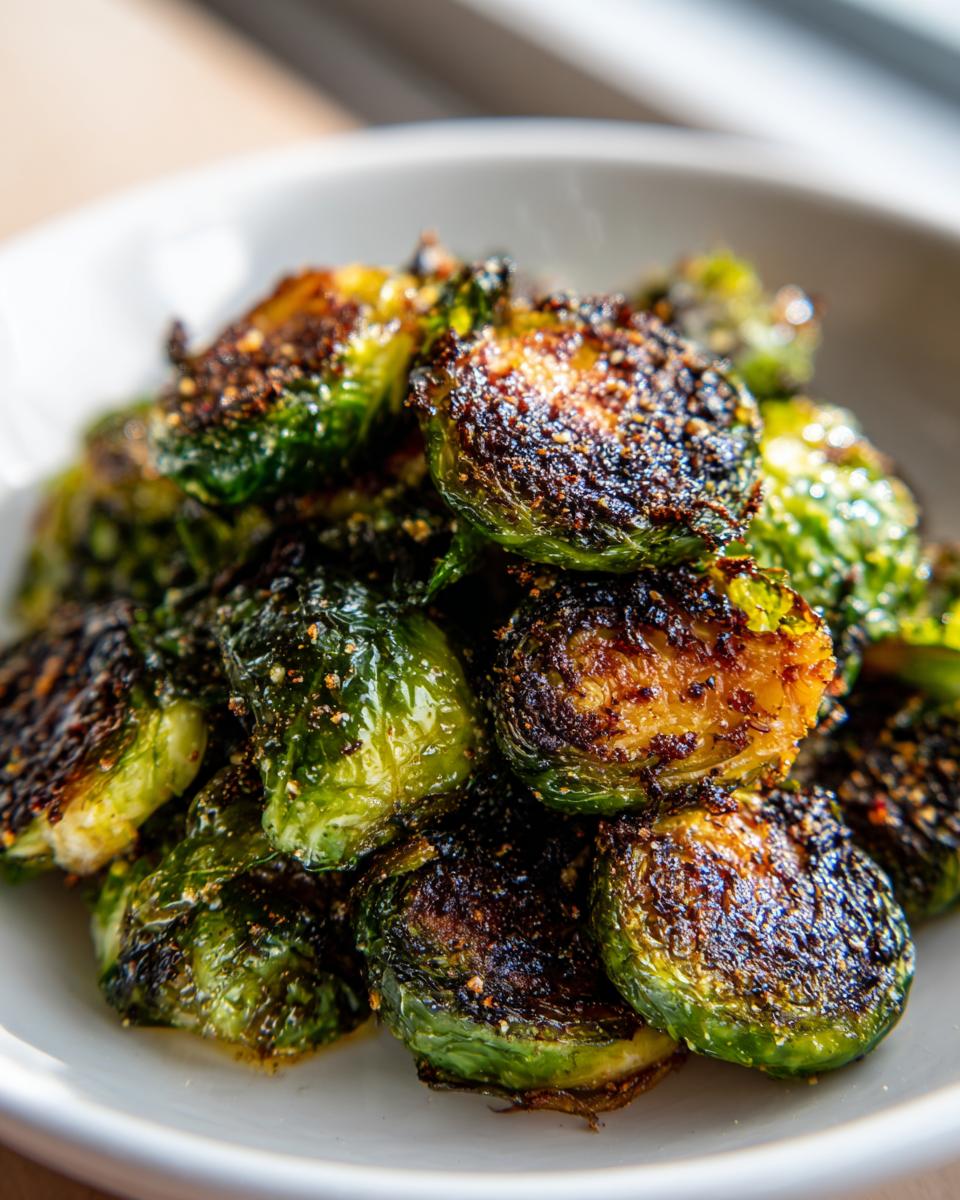 Close-up van knapperige, geroosterde Easy Smashed Brussel Sprouts met gekarameliseerde randen in een witte kom.