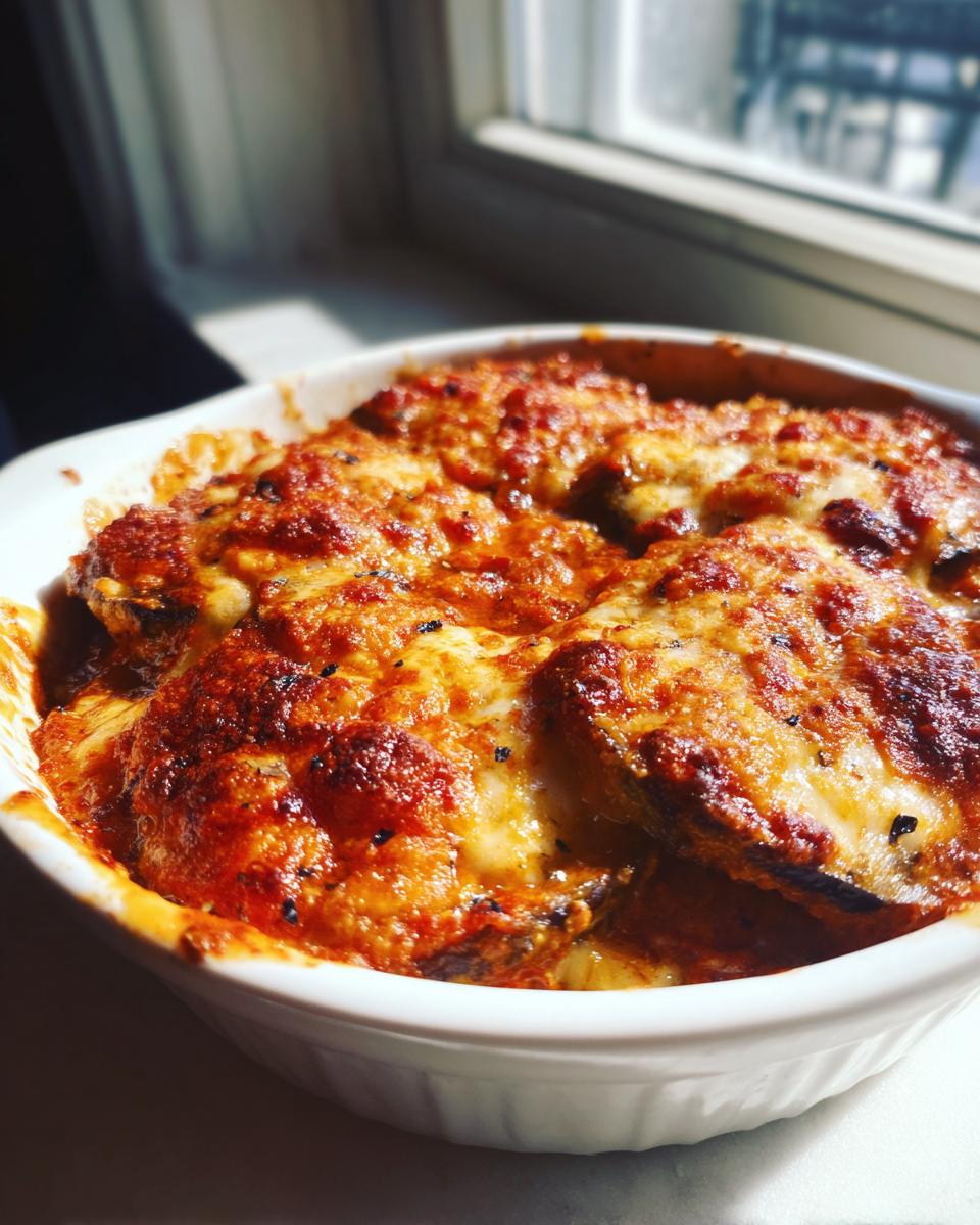 Close-up van een heerlijke, bubbelende Eggplant Parmesan met gesmolten kaas en tomatensaus in een witte schaal.