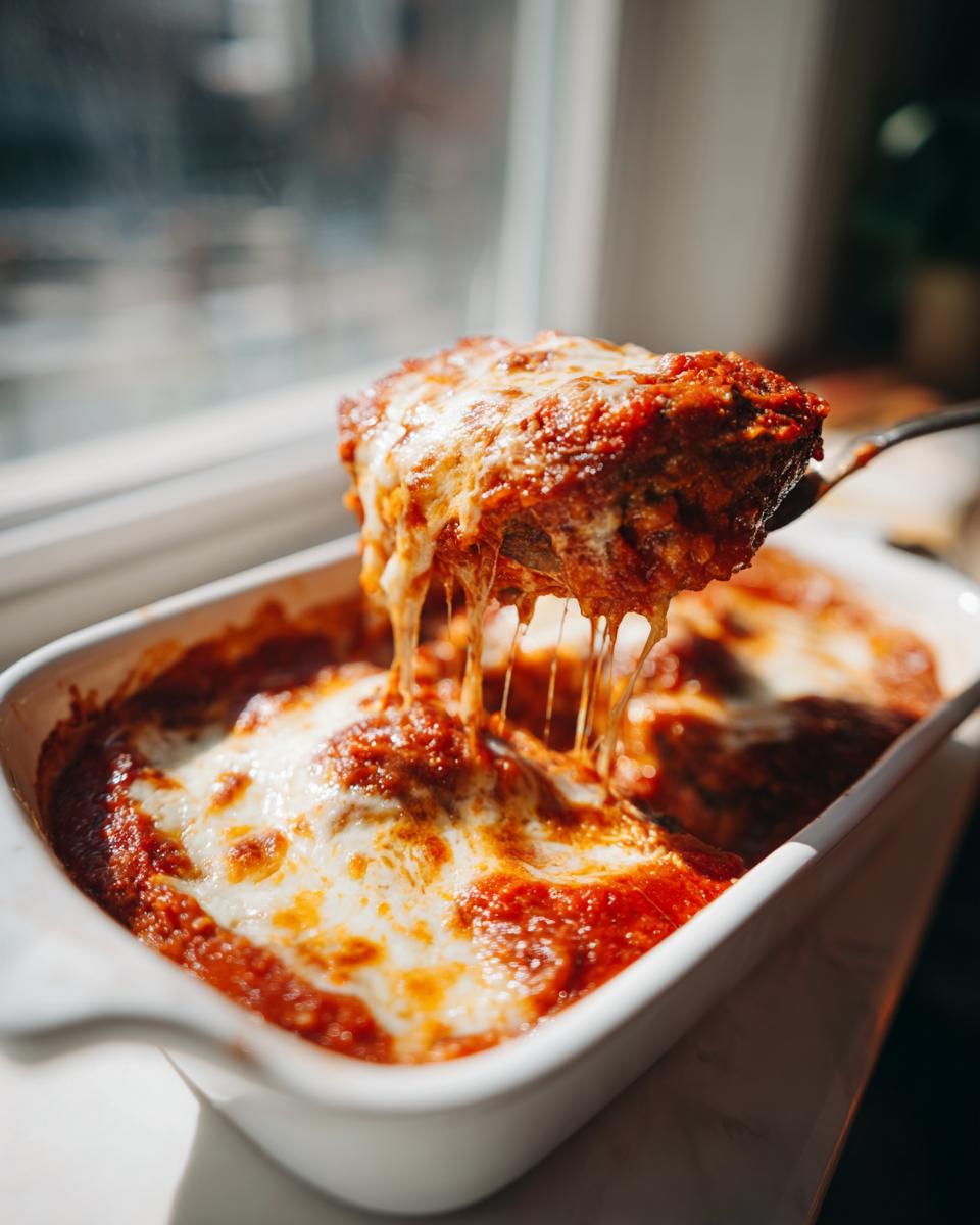 Een lepel met een portie Eggplant Parmesan met lange draden smeltende kaas boven een witte ovenschaal.