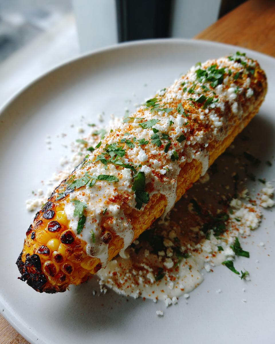 Een gegrilde kolf Elote Mexican Street Corn bedekt met witte saus, verkruimelde kaas en peterselie op een lichtgrijs bord.
