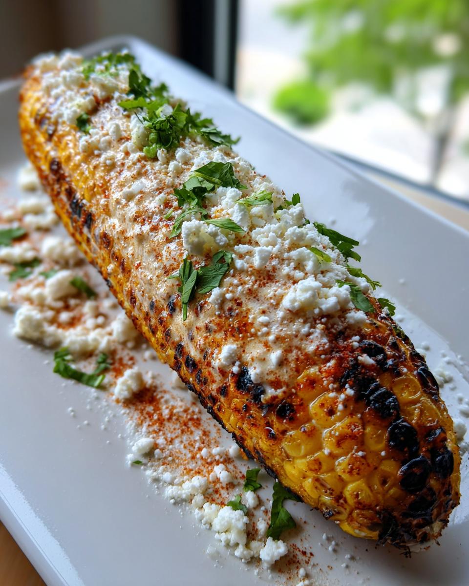 Gegrilde maïskolf, bereid als Elote Mexican Street Corn, bedekt met mayonaise, verkruimelde kaas en koriander.