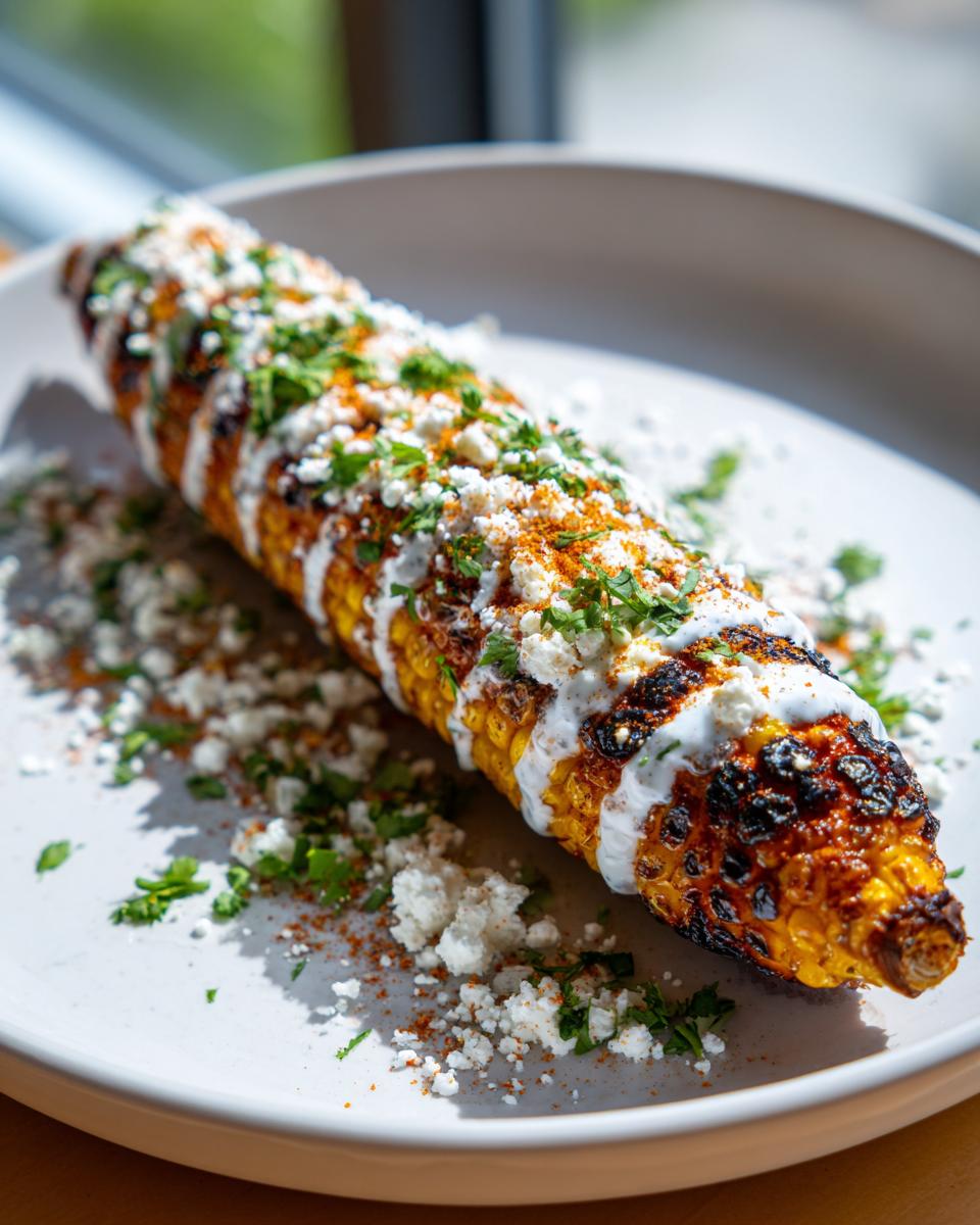 Gegrilde maïskolf, bereid als Elote Mexican Street Corn, bedekt met witte saus, verkruimelde kaas en koriander.