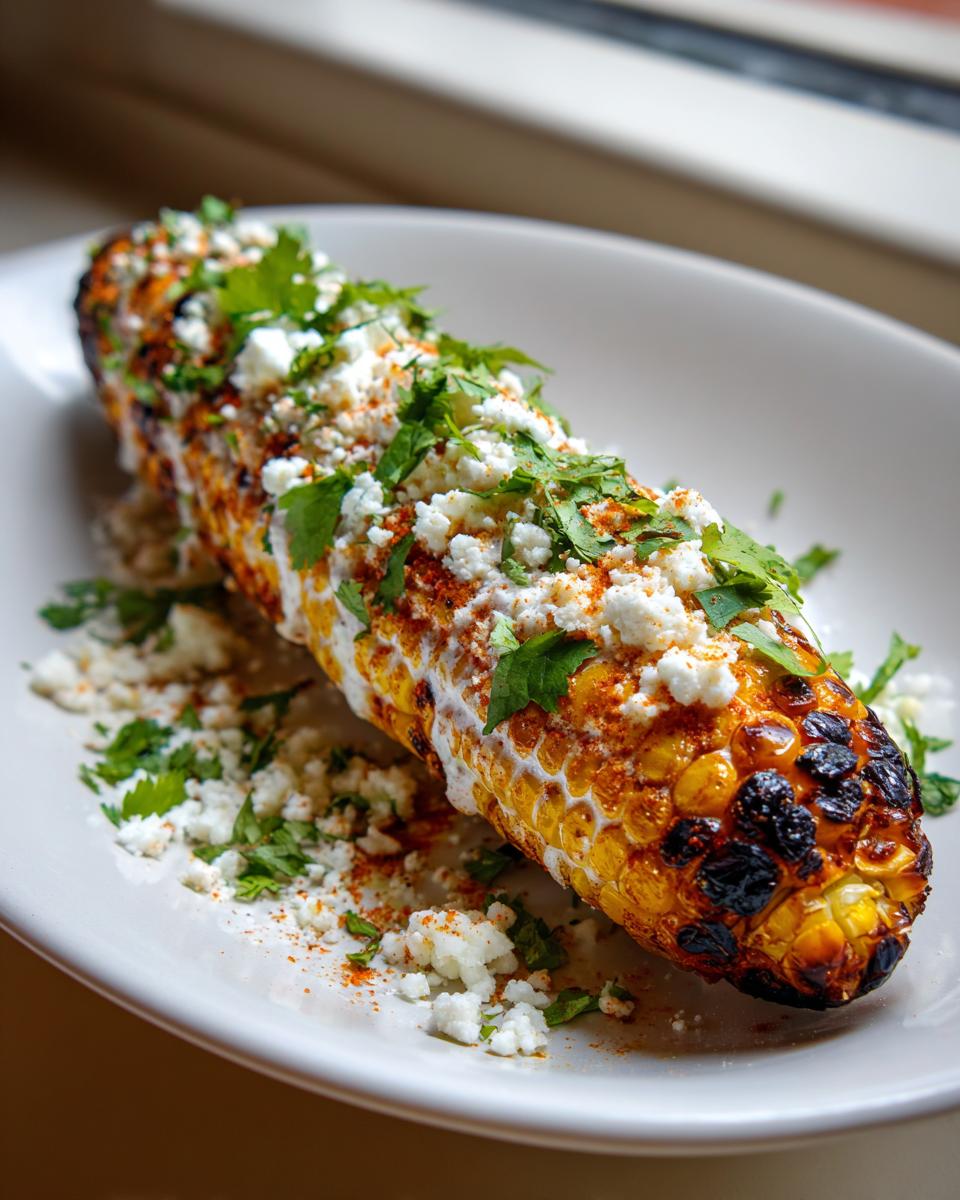Een gegrilde kolf Elote Mexican Street Corn bedekt met mayonaise, verkruimelde kaas, koriander en chilipoeder op een wit bord.