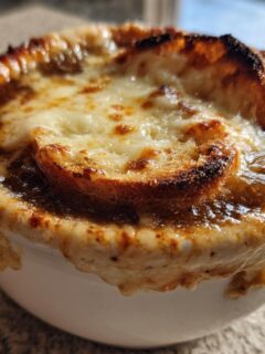 Close-up van een kom French Onion Soup met een dikke laag gesmolten, goudbruine kaas en croutons.