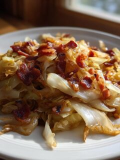 Een bord met gebakken Fried Cabbage, gegarneerd met stukjes krokant gebakken spek.