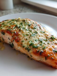 Gegrilde zalmfilet met knoflookboter en peterselie, geserveerd op een wit bord. Heerlijke Garlic Butter Baked Salmon.