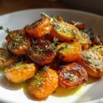 Close-up van glanzende, geroosterde wortelen met knoflookboter en tijm in een witte kom.