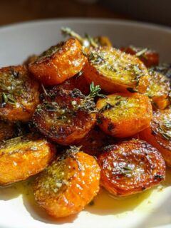 Close-up van glanzende, geroosterde wortelen met knoflookboter en tijm in een witte kom.