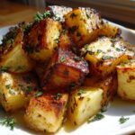 Goudbruin geroosterde stukken pastinaak met knoflookboter en verse kruiden, een heerlijk bijgerecht.