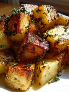 Goudbruin geroosterde stukken pastinaak met knoflookboter en verse kruiden, een heerlijk bijgerecht.