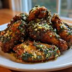 Een stapel knapperige Garlic Parmesan Chicken Wings, bedekt met peterselie en Parmezaanse kaas.