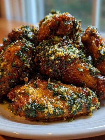 Een stapel knapperige Garlic Parmesan Chicken Wings, bedekt met peterselie en Parmezaanse kaas.