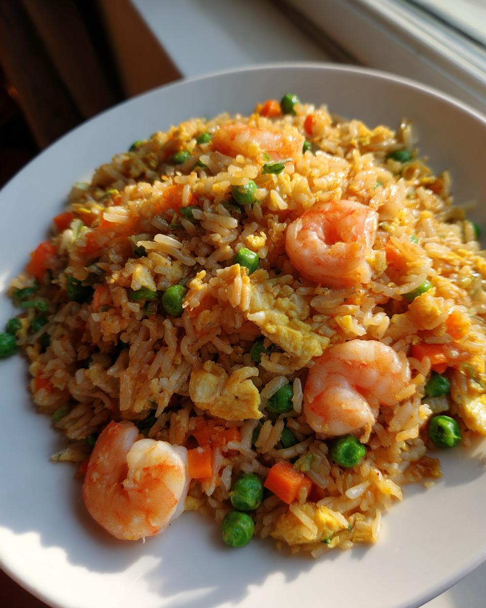 Close-up van een portie Garnalen Gebakken Rijst met garnalen, doperwten, wortel en ei op een wit bord.