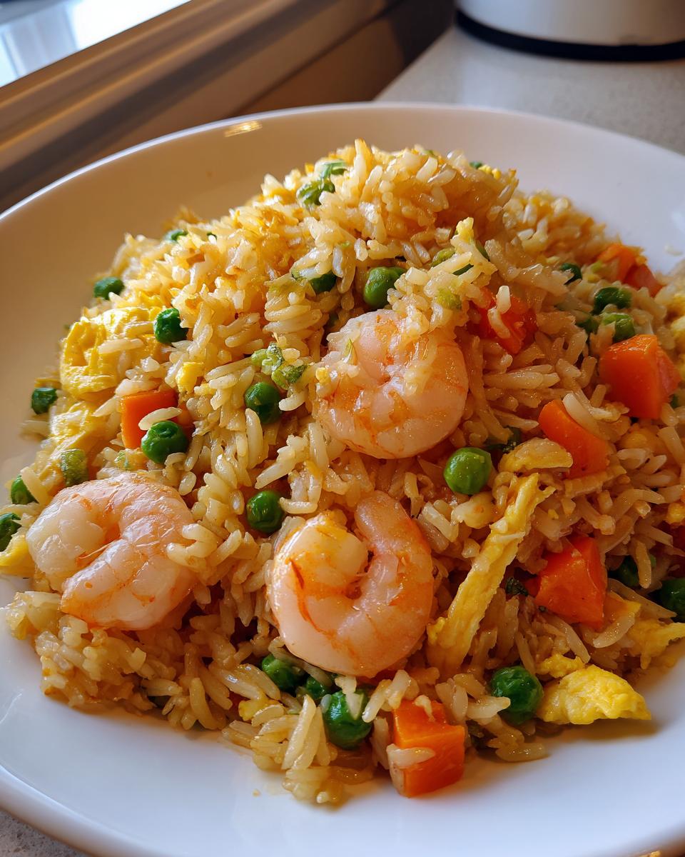Close-up van een bord met heerlijke Garnalen Gebakken Rijst, met garnalen, erwten, wortel en ei.