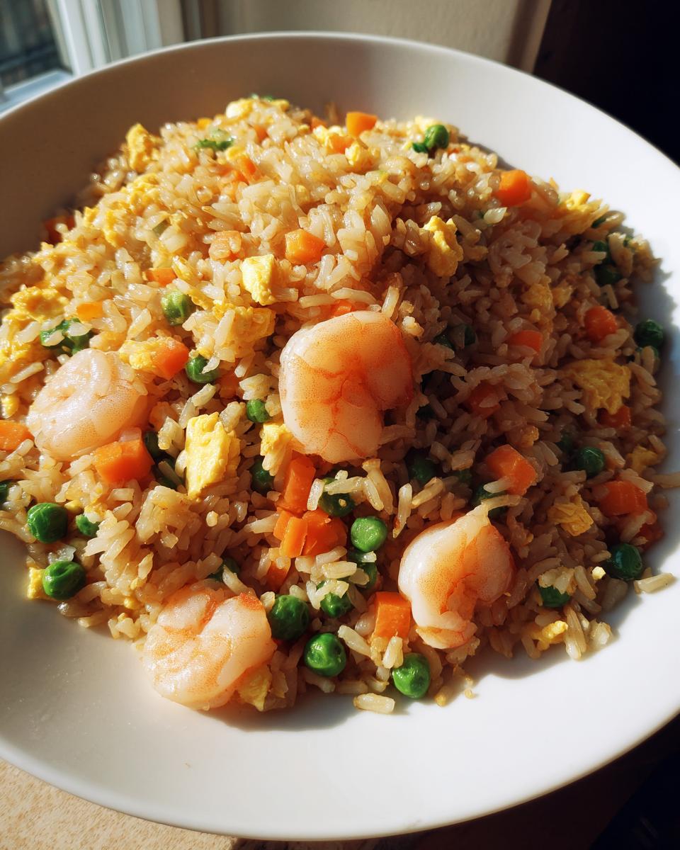 Close-up van een kom met heerlijke Garnalen Gebakken Rijst, met stukjes ei, wortel en doperwten.