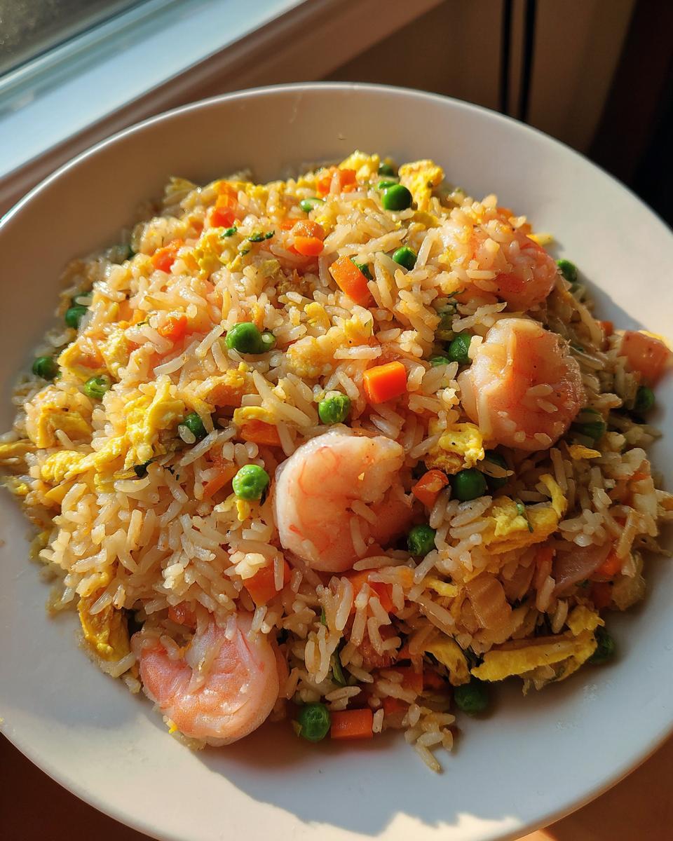 Close-up van een kom met kleurrijke Garnalen Gebakken Rijst, met rijst, garnalen, erwten en ei.